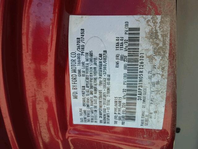 3FAFP31N05R126101 - 2005 FORD FOCUS RED photo 10