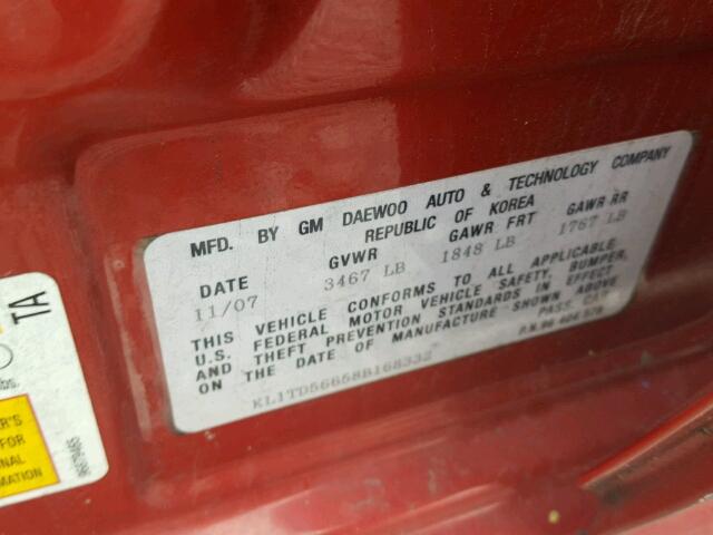 KL1TD56658B168332 - 2008 CHEVROLET AVEO BASE RED photo 10