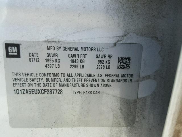 1G1ZA5EUXCF387728 - 2012 CHEVROLET MALIBU LS ვერცხლისფერი ფოტო 10