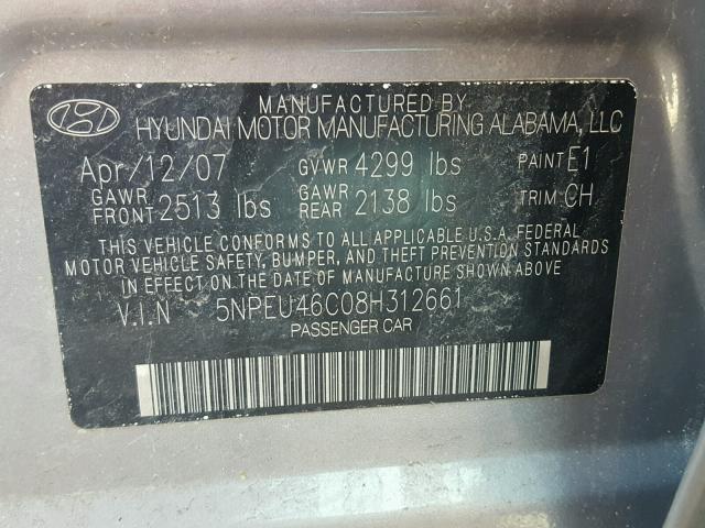 5NPEU46C08H312661 - 2008 HYUNDAI SONATA SE GRAY photo 10