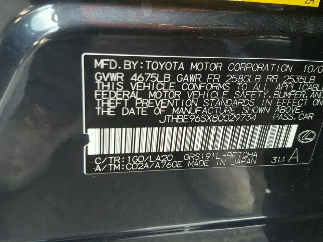 JTHBE96SX80029734 - 2008 LEXUS GS 350 GRAY photo 10