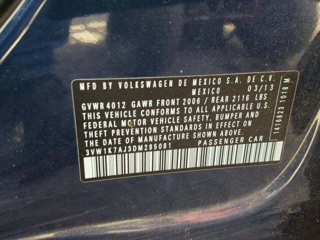 3VW1K7AJ3DM285081 - 2013 VOLKSWAGEN JETTA BASE ლურჯი ფოტო 10