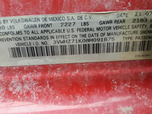 3VWHZ71K08M091875 - 2008 VOLKSWAGEN JETTA S 红色 照片 10