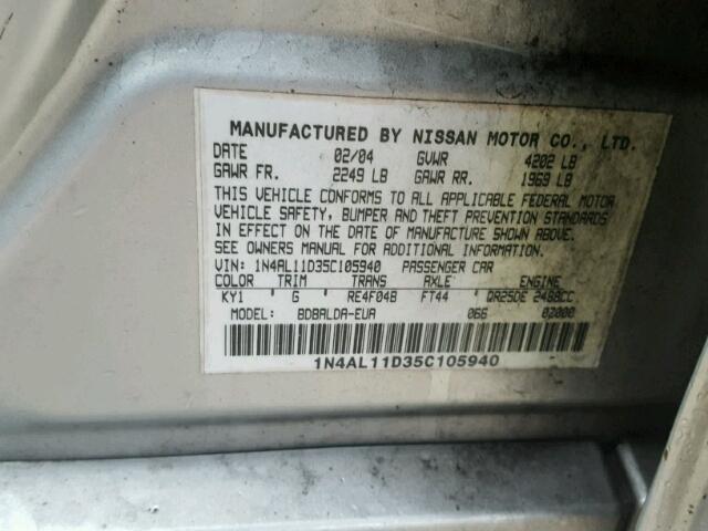 1N4AL11D35C105940 - 2005 NISSAN ALTIMA S SILVER photo 10