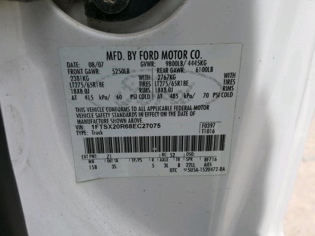 1FTSX20R68EC27075 - 2008 FORD F250 SUPER WHITE photo 10