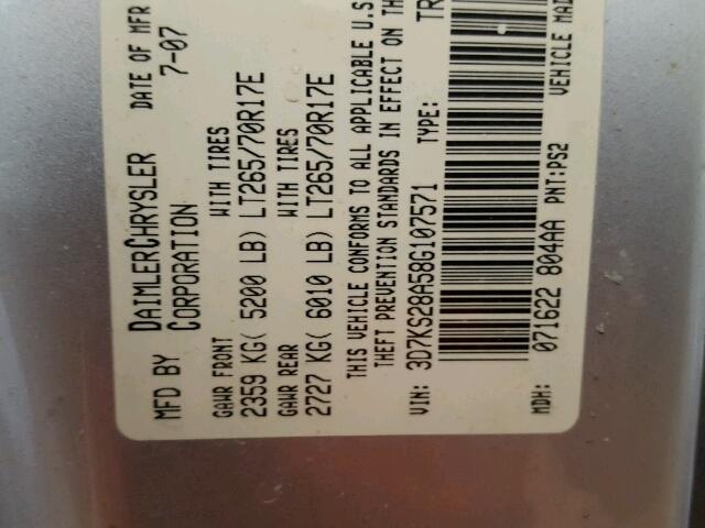 3D7KS28A58G107571 - 2008 DODGE RAM 2500 S SILVER photo 10