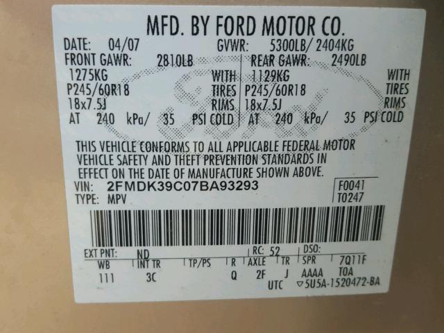 2FMDK39C07BA93293 - 2007 FORD EDGE SEL P BEIGE photo 10