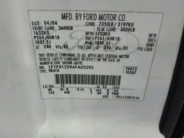 1FTPX12594FA03393 - 2004 FORD F150 WHITE photo 10