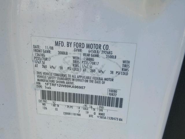 1FTRF12W69KA96957 - 2009 FORD F150 WHITE photo 10