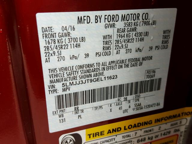 5LMJJ3JT9GEL11623 - 2016 LINCOLN NAVIGATOR 勃艮第红 照片 10