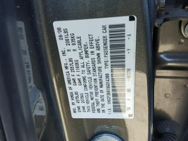 1HGCP36819A014389 - 2009 HONDA ACCORD EXL GRAY photo 10