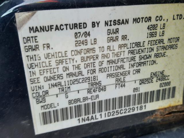 1N4AL11D25C229181 - 2005 NISSAN ALTIMA S BLUE photo 10