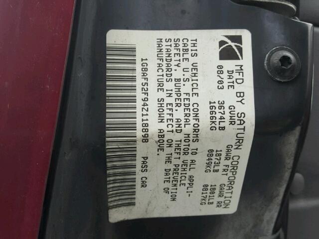 1G8AF52F94Z118898 - 2004 SATURN ION LEVEL 红色 照片 10