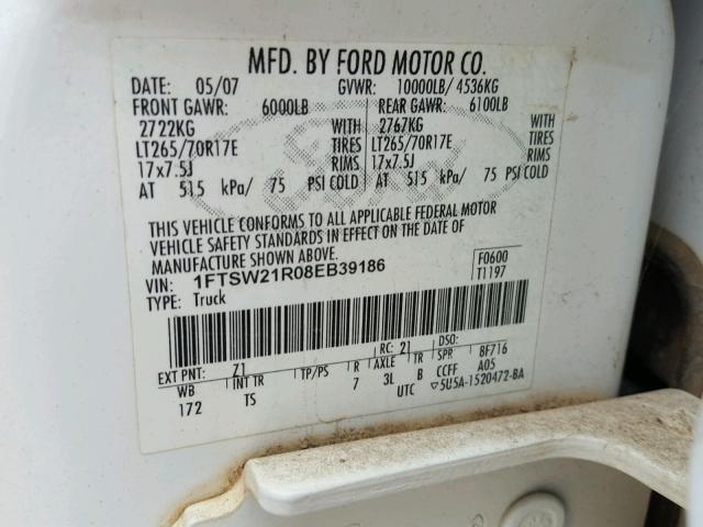 1FTSW21R08EB39186 - 2008 FORD F250 SUPER WHITE photo 10