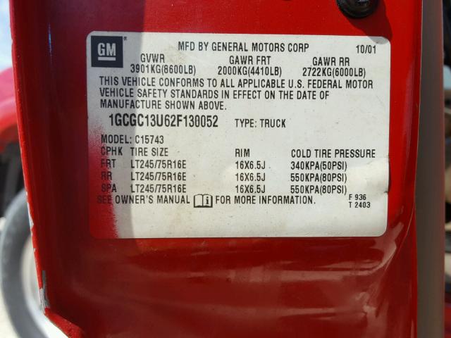 1GCGC13U62F130052 - 2002 CHEVROLET SILVERADO RED photo 10