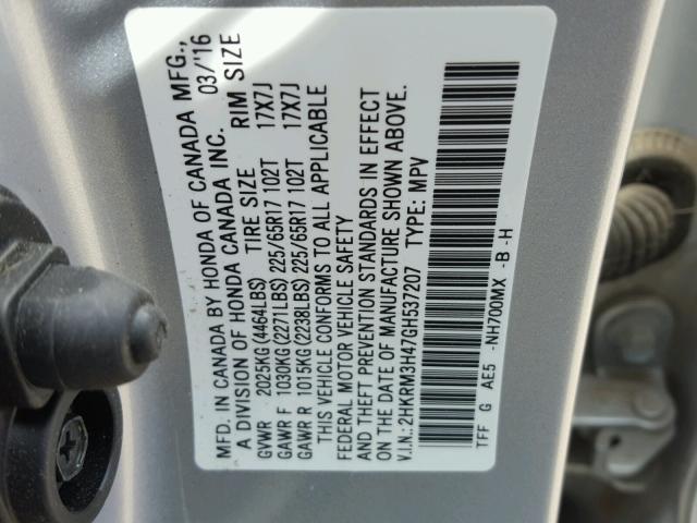 2HKRM3H47GH537207 - 2016 HONDA CR-V SE SILVER photo 10