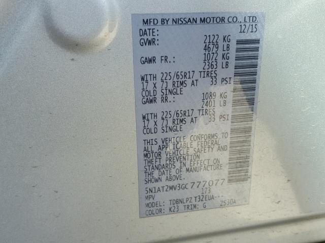 5N1AT2MV3GC777077 - 2016 NISSAN ROGUE S SILVER photo 10