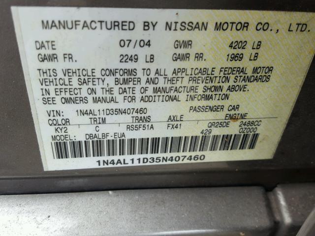 1N4AL11D35N407460 - 2005 NISSAN ALTIMA S CHARCOAL photo 10