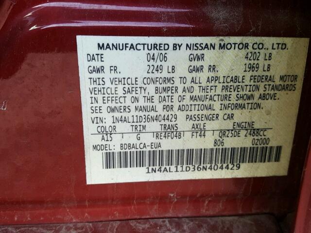 1N4AL11D36N404429 - 2006 NISSAN ALTIMA S MAROON photo 10