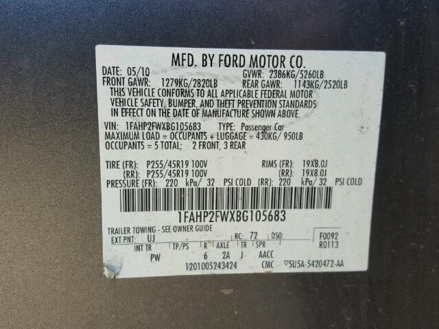 1FAHP2FWXBG105683 - 2011 FORD TAURUS LIM GRAY photo 10