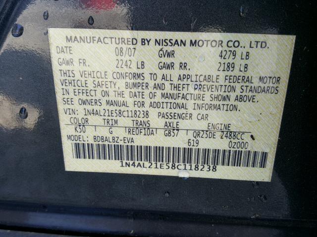 1N4AL21E58C118238 - 2008 NISSAN ALTIMA 2.5 GRAY photo 10