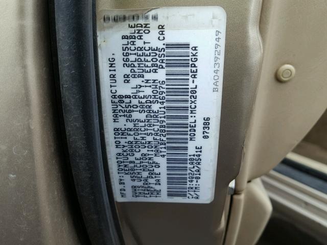 4T1BF28B91U146976 - 2001 TOYOTA AVALON XL GOLD photo 10