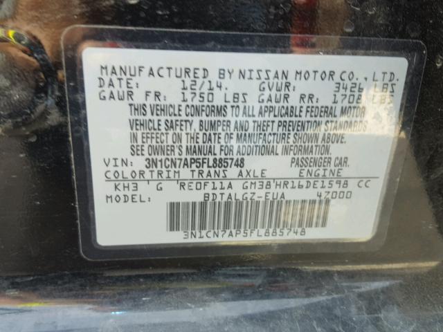 3N1CN7AP5FL885748 - 2015 NISSAN VERSA S BLACK photo 10