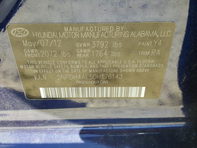 5NPDH4AE5DH176143 - 2013 HYUNDAI ELANTRA GL BLUE photo 10