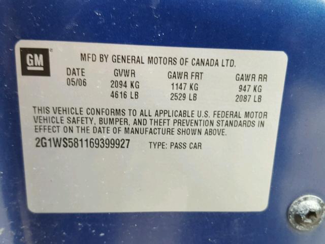 2G1WS581169399927 - 2006 CHEVROLET IMPALA POL BLUE photo 10