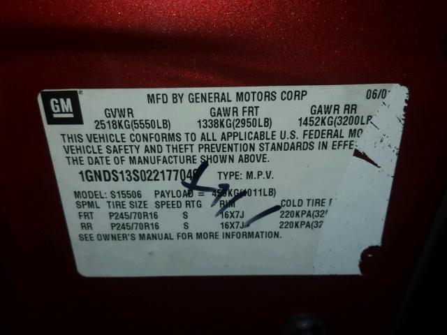 1GNDS13S022177046 - 2002 CHEVROLET TRAILBLAZE RED photo 10