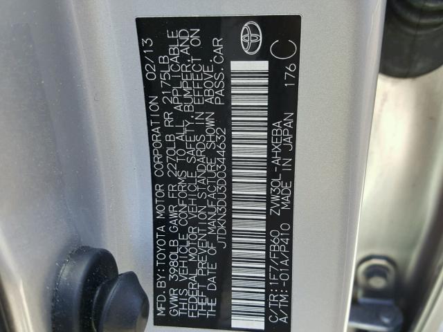 JTDKN3DU3D0344632 - 2013 TOYOTA PRIUS SILVER photo 10