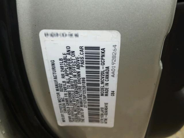 2T1CF28P72C591896 - 2002 TOYOTA CAMRY SOLA SILVER photo 10