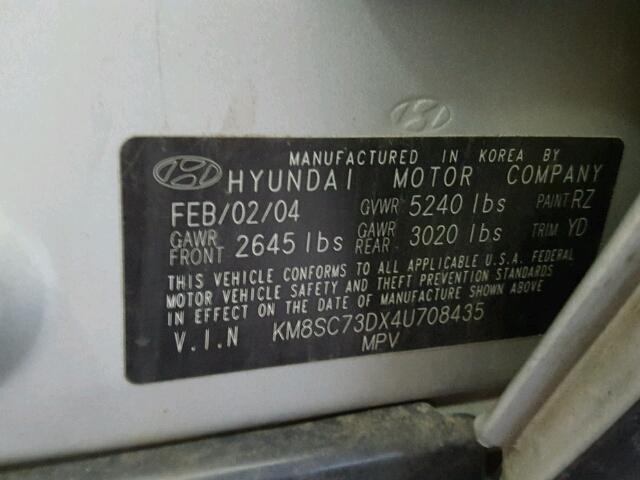 KM8SC73DX4U708435 - 2004 HYUNDAI SANTA FE G SILVER photo 10