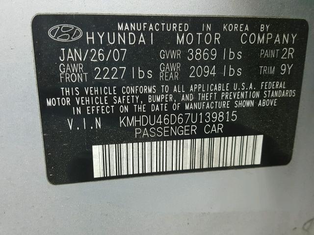 KMHDU46D67U139815 - 2007 HYUNDAI ELANTRA GL SILVER photo 10