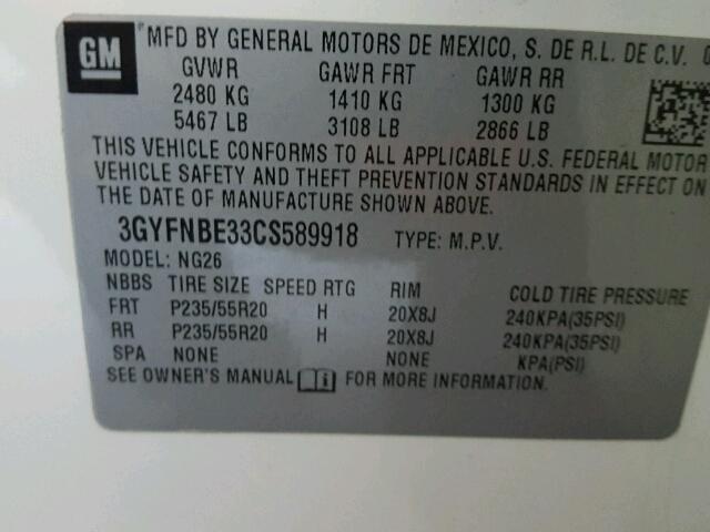 3GYFNBE33CS589918 - 2012 CADILLAC SRX PERFOR 白色 照片 10