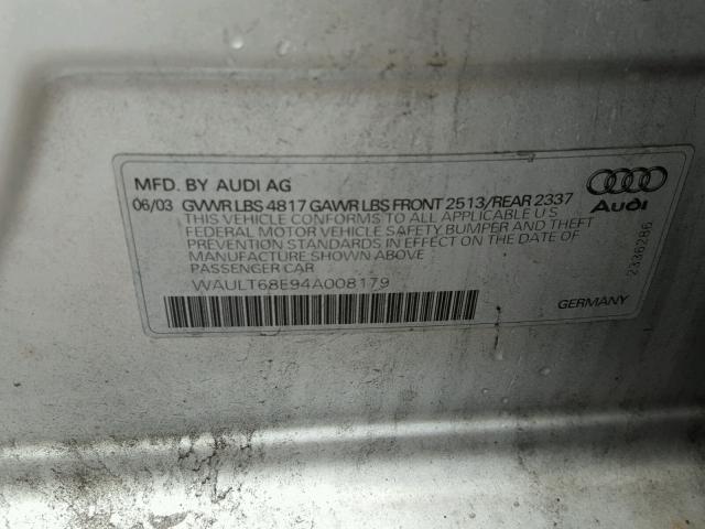 WAULT68E94A008179 - 2004 AUDI A4 3.0 QUA SILVER photo 10