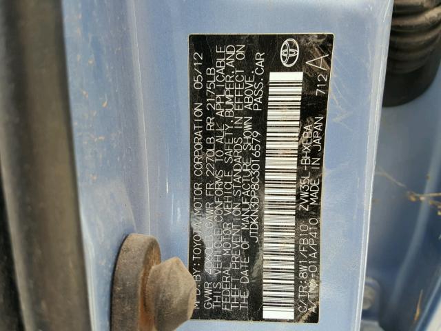 JTDKN3DP8C3016579 - 2012 TOYOTA PRIUS PLUG BLUE photo 10