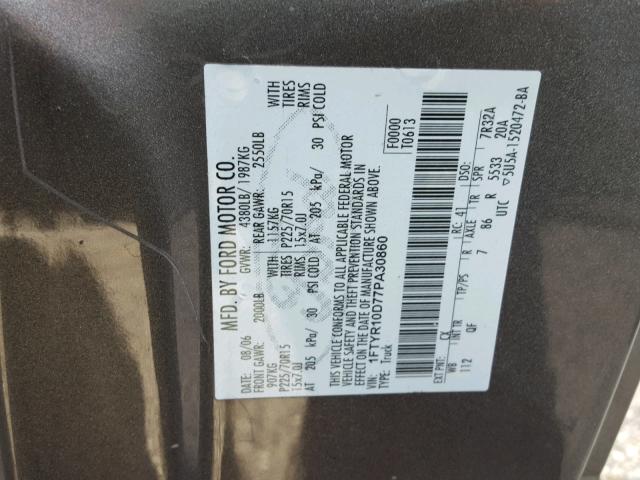 1FTYR10D77PA30860 - 2007 FORD RANGER GRAY photo 10