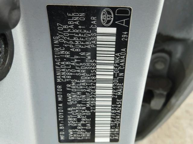 2T1BR32EX7C815685 - 2007 TOYOTA COROLLA CE SILVER photo 10