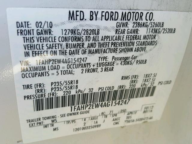 1FAHP2EW4AG154247 - 2010 FORD TAURUS SEL WHITE photo 10