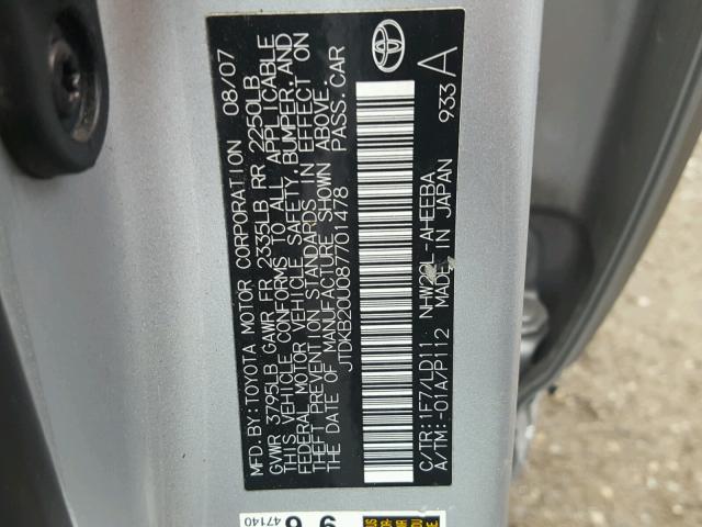 JTDKB20U087701478 - 2008 TOYOTA PRIUS SILVER photo 10