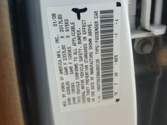 1HGCP26338A082125 - 2008 HONDA ACCORD LX WHITE photo 10