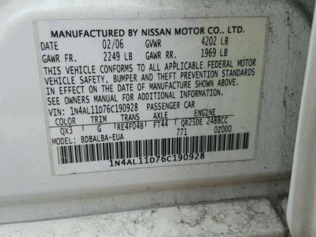 1N4AL11D76C190928 - 2006 NISSAN ALTIMA S WHITE photo 10