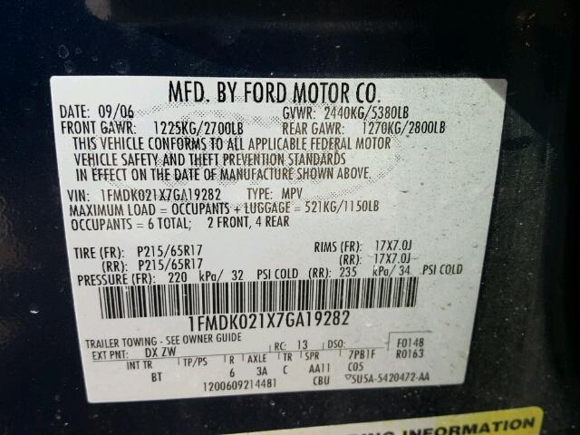 1FMDK021X7GA19282 - 2007 FORD FREESTYLE BLUE photo 10