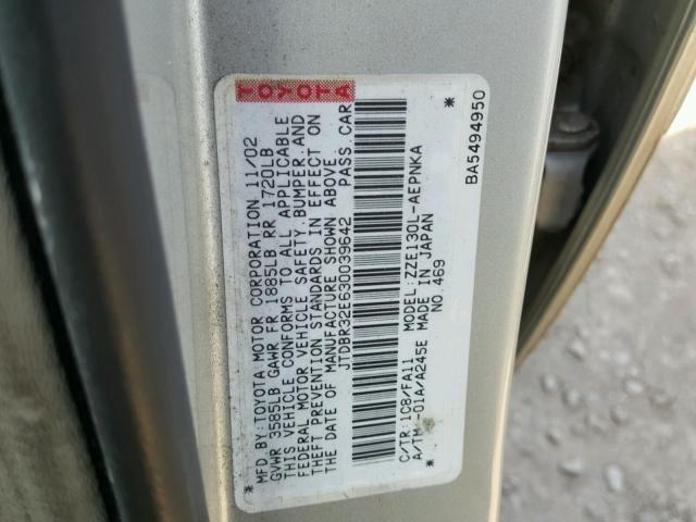 JTDBR32E630039642 - 2003 TOYOTA COROLLA CE SILVER photo 10