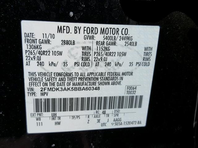 2FMDK3AK5BBA60348 - 2011 FORD EDGE SPORT BLACK photo 10