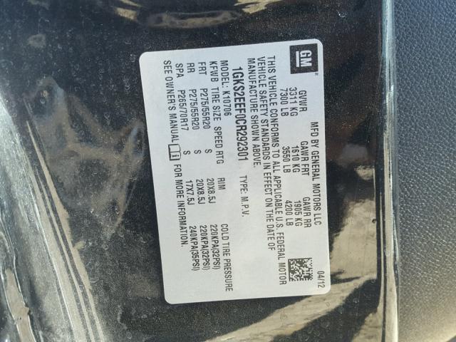 1GKS2EEF0CR292301 - 2012 GMC YUKON DENA BLACK photo 10