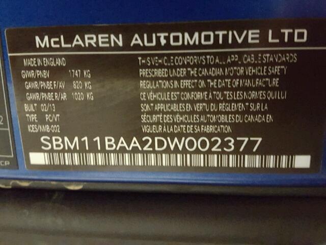 SBM11BAA2DW002377 - 2013 MCLAREN AUTOMOTIVE MP4-12C SP BLUE photo 10