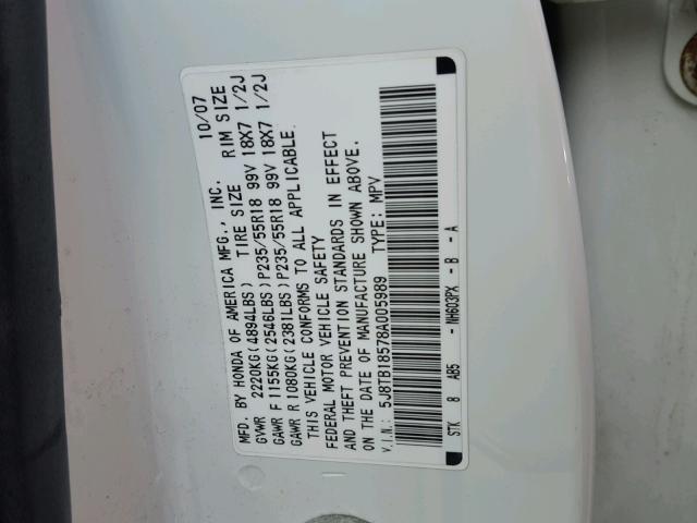 5J8TB18578A005989 - 2008 ACURA RDX TECHNO WHITE photo 10