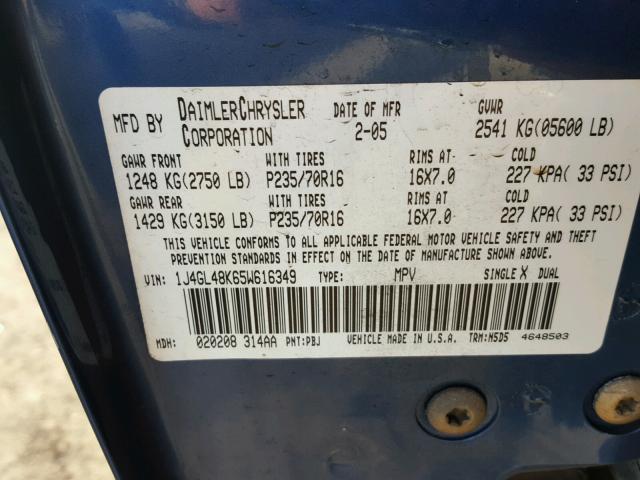 1J4GL48K65W616349 - 2005 JEEP LIBERTY SP BLUE photo 10